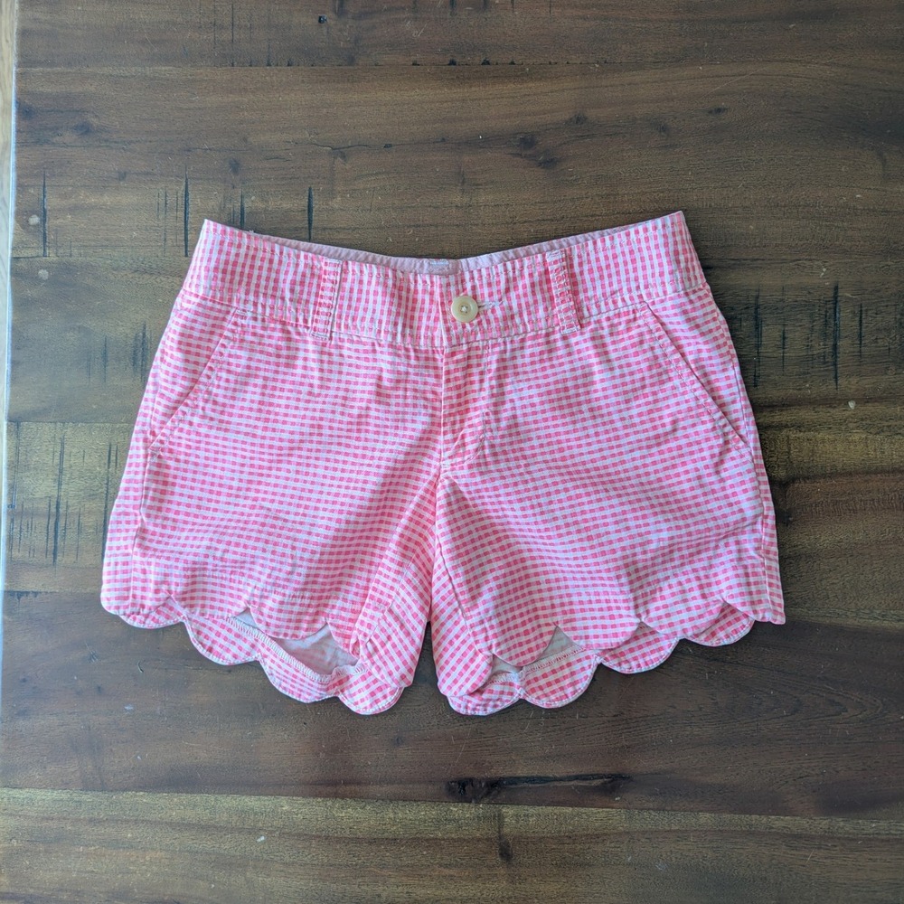 Lilly Pulitzer Buttercup Shorts Pink White Gingham Scalloped Hem Sz 00 Preppy‎